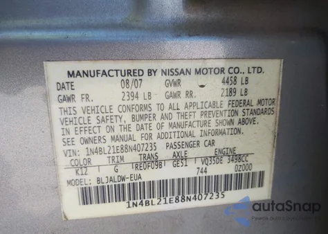 2008 Nissan Altima 3.5 Se from USA, damaged, VIN 1N4BL21E88N407235